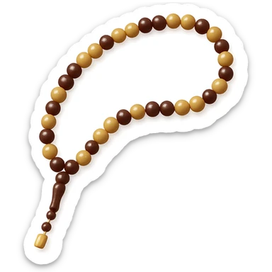 a tasbih (prayer beads) with a mix of brown, gold, and beige beads, elegant and simple, no background sticker