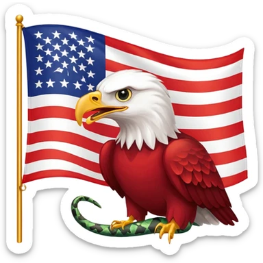 a flag with a red background with five start and an eagle eating a snake sticker