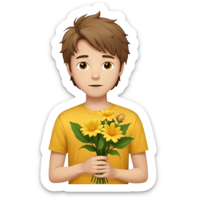 generate an ios genmoji of a 20 year old fair boy with brown long and messy hair with stubble on cheeks. should look like he cant grow a mustache., carrying a flower bouquet, wearing a yellow tshirt, looking shy sticker