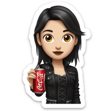 young metalhead brunette girl wearing gothic clothes and coca cola on her hand sticker