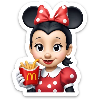 A classic picture of Minnie Mouse eating a mc Donald’s happy meal sticker