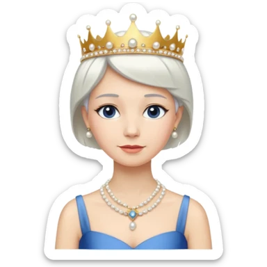 Queen with white short hair – gold tiara, pearl necklace, elegant gown, blue dress sticker