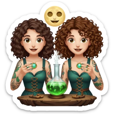 forest alchemist duo two women curly long hair tattooed and short brown hair mixing glowing moon potion together excited faces sticker