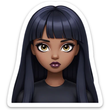 straight black long bangs hair, pale skin, dark black iris, pretty bratz baddie, strong black eyeliner sticker