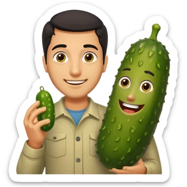 Dark haired Arab man standing next to a pickle with a face on it sticker