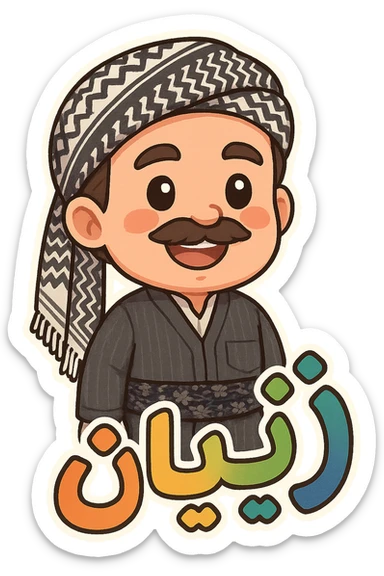 Create a colorful and cheerful Kurdish cartoon sticker with traditional clothing exactly like the reference image. Add the Kurdish text 'ژیان' in a vibrant and happy style, suitable for WhatsApp and Instagram, with a transparent background. sticker