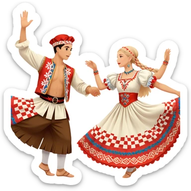 Cinematic Realistic scene of two performers engaging in the Croatian Linđo folk dance, adorned in vibrant traditional costumes with intricate patterns and accessories, captured in graceful, synchronized motion under festive natural lighting. sticker