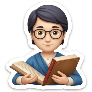 Apple Memoji-style 3D emoji of a philosopher in a thoughtful pose with a scroll or book, clean gradients, rounded shapes, no background.
 sticker