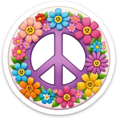 A round hippie colored button with a peace sign and flowers in the center sticker