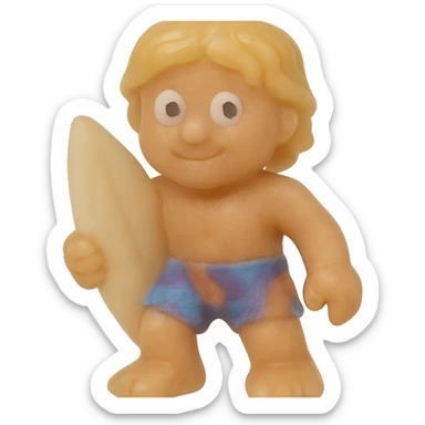 Make the surfer bro much more transparent and match the exact retro 90's toy style of the previous ocean animal emojis. Use natural colors (tan skin, blonde hair, colorful shorts), derpy eyes, no tag, no background. Soft plastic, soft reflections, soft and squishy, some cloudiness, not shiny, highly detailed, appealing. The style should resemble retro 90's soft plastic toy style with soft reflections and cloudiness, not shiny. sticker