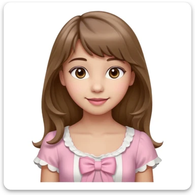 A teenage cute girl with very light olive skin and soft pinkish cheeks. Large bambie dark hazel eyes. Long wavy light brown hair with soft bangs. Features are very feminine and beautiful. medium straight nose with a soft tip. Medium natural pink lips. Wearing a simple dress in pink and white.  sticker