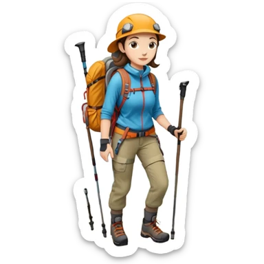 female mountain climber with backpack and hiking poles sticker