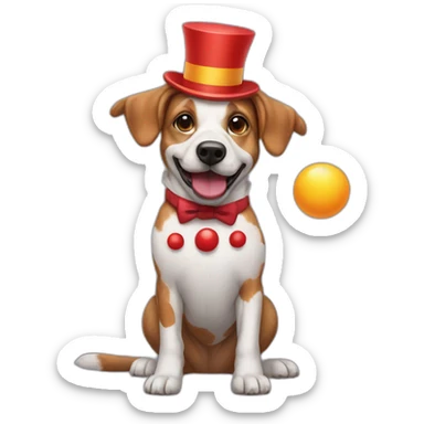 A dog dressed as a clown juggling sticker