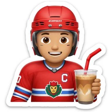 hockey player wearing red drinking an iced coffee wearing a helmet with missing teeth   sticker