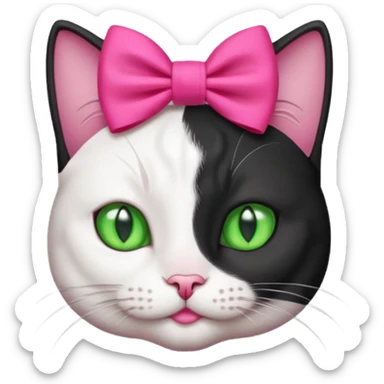 A black and white cat head with green eyes she has a hot pink bow on her head  sticker