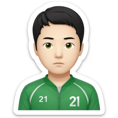 "Illustrate Cho Sang-woo (Player 218), Korean male, neat black hair, serious face, green tracksuit with number 218 bold on chest & sleeve.. sticker