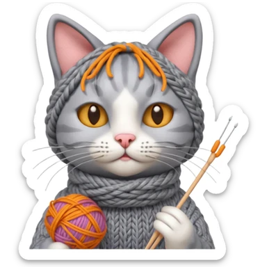 knitting cat portrait, head and shoulders only, cute cat holding knitting needles and yarn, cozy expression, warm handmade vibe, 3D cartoon style, mobile game icon style, clean background, no text, no watermark
 sticker
