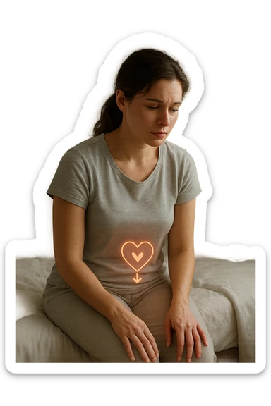 3D realistic medical illustration: a young woman in her 20s or 30s sits on the edge of a bed in a softly lit bedroom, looking thoughtful and slightly concerned. She wears comfortable loungewear, her posture is slouched, and her expression is subdued. Subtle visual cues—such as a faded calendar with missed menstrual cycles and a dimmed heart or energy icon near her abdomen—symbolize low libido and amenorrhea. The scene is realistic, intimate, and empathetic. sticker