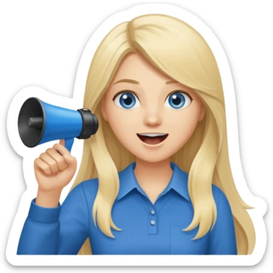 blue eyes blonde girl yelling into megaphone and holding up 1 finger in the other hand smiling long hair sticker