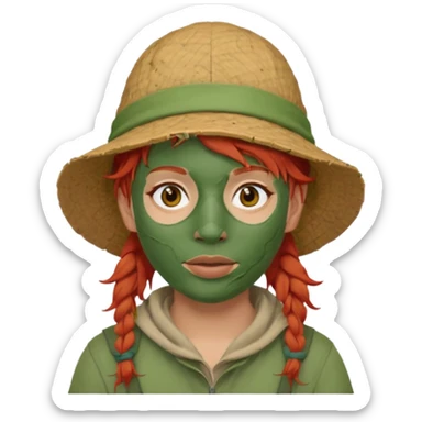 messy green full face clay mask and tourist hat red hair  sticker
