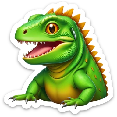 Cinematic Realistic Comical Iguana Portrait Emoji, Head tilted dramatically with an exaggeratedly amused expression, featuring a striking, glossy green-scaled body with bold natural textures and wide, expressive amber eyes brimming with playful disbelief, rendered with lifelike clarity and vibrant hues, high shine, dramatic yet playful, styled with an air of cheeky tropical mischief, soft glowing outline, capturing the essence of a spirited and over‐the‐top iguana that looks ready to charm its way into viral fame! sticker