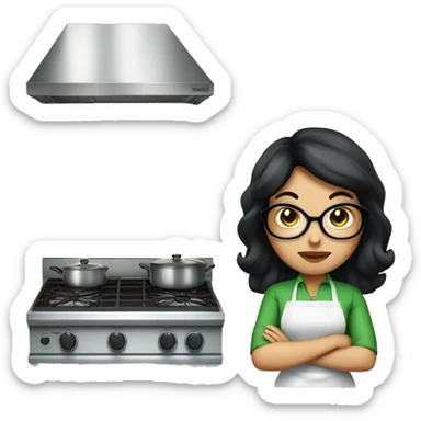 chubby lady with black hair and big eyes green apron  with glasses cooking  sticker