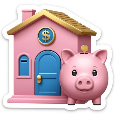 A clean emoji-style icon: A piggy bank with a coin, placed in front of a small bank building. The bank symbolizes company pension and financial security. Rounded forms, flat colors, minimal details like a standard emoji. sticker