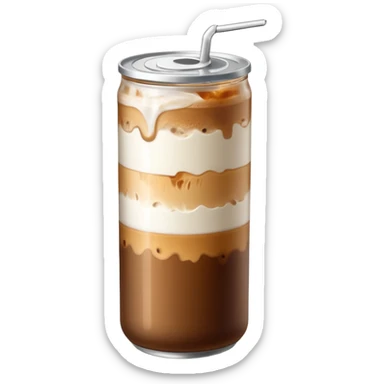 A tall transparent can of iced latte with a silver pull-tab lid. Brown coffee on top with ice, smooth white milk in the middle, and a light amber syrup layer at the bottom. “MAISON MOKA” written vertically in white on the can.

 sticker