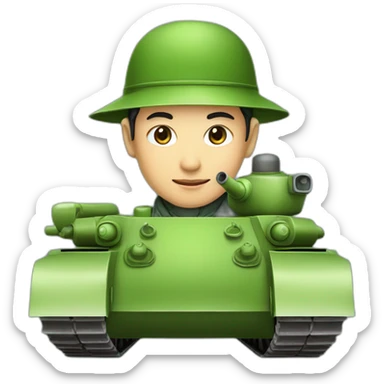 A Chinese man in a Chinese hat rides a green T-34 tank sticker