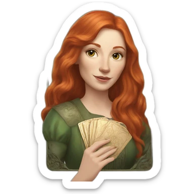 redhead white woman medium long straight hair, holding a tarot card in her hand sticker