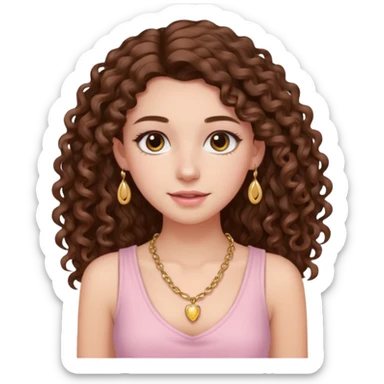 crée moi une jeune fille très belle avec les cheveux bouclés long brune avec un top  sans manche de couleur rose clair avec un peu de maquillage un collier en or sticker