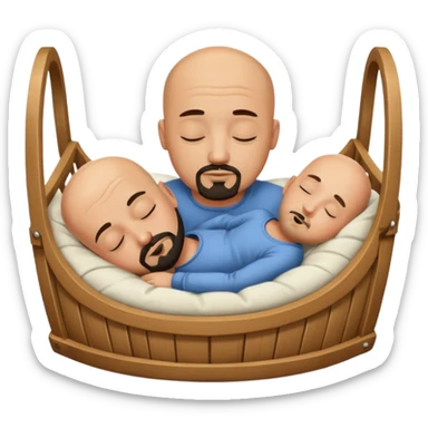 a bald, tan man who has a black goatee sleeping in a cradle sticker