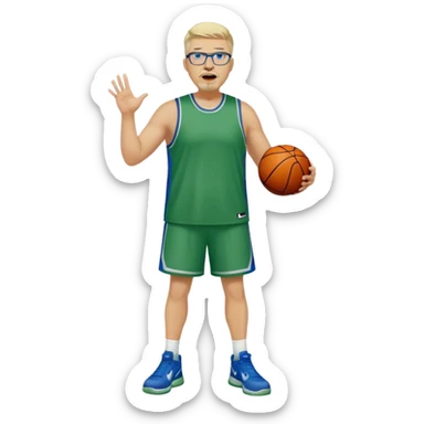 Full Body white male plus size wearing glasses with a goatee with light blonde and gray very short hair yelling basketball head Coach in blue and green wearing Nike dress gear sticker