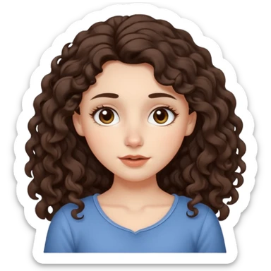 Aesthetic white girl with long curl hair color dark brown (almost black, but more brownish), big almond shape eyes color brown, small wide nose, natural lips, sweet expression. Dressed with a  cute top sticker