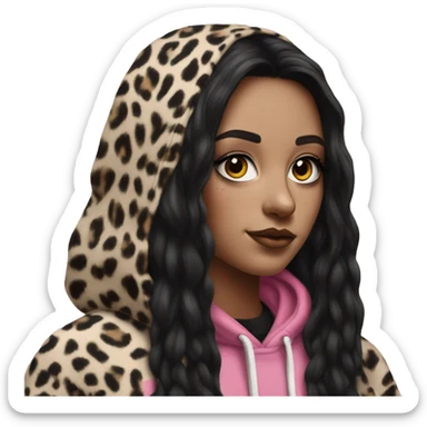 Hyperrealistic white girl with long black hair with a pink fringe and has eye makeup on, she is wearing a black and leopard print hoodie  sticker