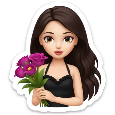 pretty bratz doll with makeup with dark halterneck top, long dark brown hair holding big bouquet of flowers sticker