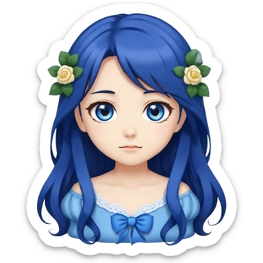 cute anime girl emoji, long dark hair, blue rose hair accessory, big blue anime eyes, chibi anime style sticker