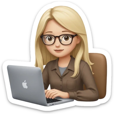 Girl in glasses, blonde long hair, sitting, brown blouse, typing on gray MacBook sticker