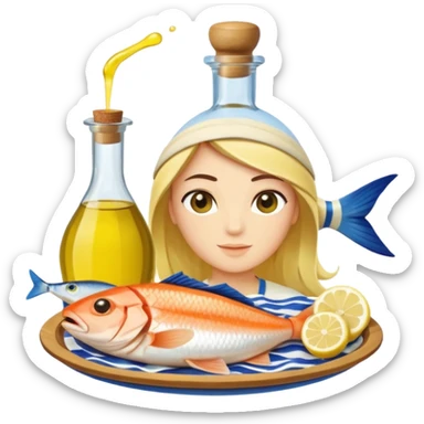 Mediterranean cuisine avatar in clean emoji-style illustration. Olive oil, fish, lemon, blue and sunny colors, light and fresh mood, flat design, high contrast. sticker