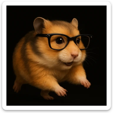 Create an image of a mature, modern, semi-realistic hamster wearing cool glasses, matching the style of the reference image. The hamster should be running energetically on a solid black background, not overlapping with other elements. sticker