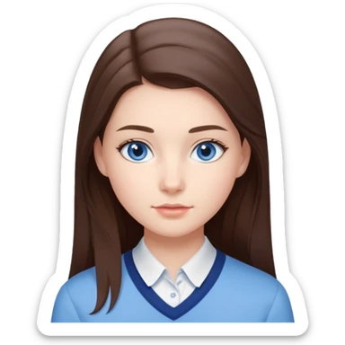 Realistic Student Portrait, with porcelain-like skin featuring a natural rosy flush, iHer Brunette Half-Up Style for Straight  hair flows in soft, Her deep blue eyes radiate warmth and innocence,  wear light blue preppy style. sticker