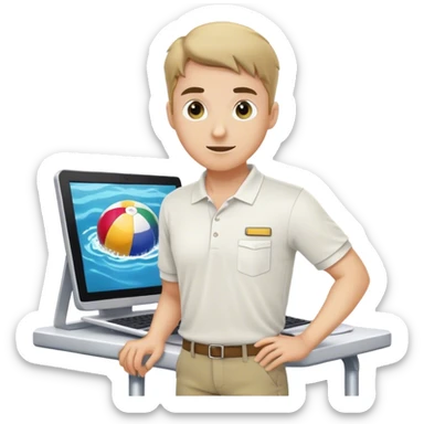 Pool attendant supervisor. white polo shirt. khaki shorts. on the computer sticker