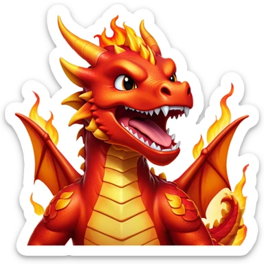 Cinematic Cute Yawning Fierce Fire Dragon Portrait Emoji, Head tilted slightly with a dramatic, wide-open yawn, revealing a fearsome yet endearing scaled visage bathed in searing reds and oranges, with gentle flames licking around its open mouth; rendered with realistic detail and flickering natural light, high shine, relaxed yet fierce, styled with a dash of smoldering charm, soft glowing outline, capturing the essence of a sleepy but spirited inferno ready to unleash a tender blaze of warmth! sticker