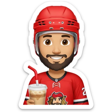 hockey player with a beard with iced coffee in red and black jersey wearing a hockey helmet smiling missing teeth  sticker