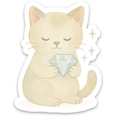cute cat holding a sparkling diamond, watercolor style, soft colors, gentle shading sticker