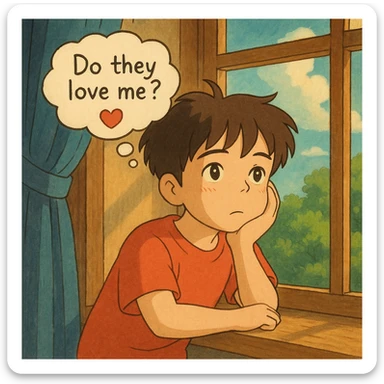 ghibli style illustration of a boy gazing out a window, dreamy expression, thought bubble with 'do they love me?' and a heart sticker