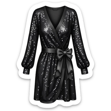 black sequin v-neck wrap dress with a bow and long sleeves, isolated sticker