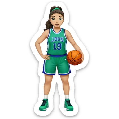 full body plus size light skin latino women basketball player with wavy dark hair in pony tail wide nose wearing blue with green uniform sticker