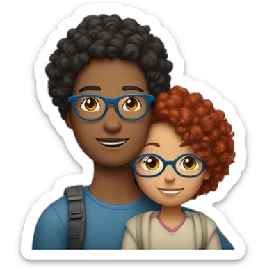 a girl with red curly hair and blue glasses hugging her black-haired son sticker