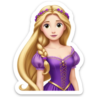 Cinematic Majestic Rapunzel Portrait Emoji, rendered in a clean, vector-style with bold, simplified shapes. Show Rapunzel with a serene, graceful expression, luminous fair skin, and elegantly styled long golden hair, accented by her classic purple gown. The design radiates a majestic, dreamlike glow with high shine and a soft glowing outline, embodying regal beauty. sticker